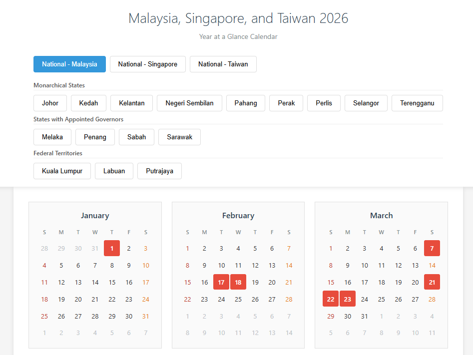 Cover image for Malaysia, Singapore, and Taiwan 2026 Calendar