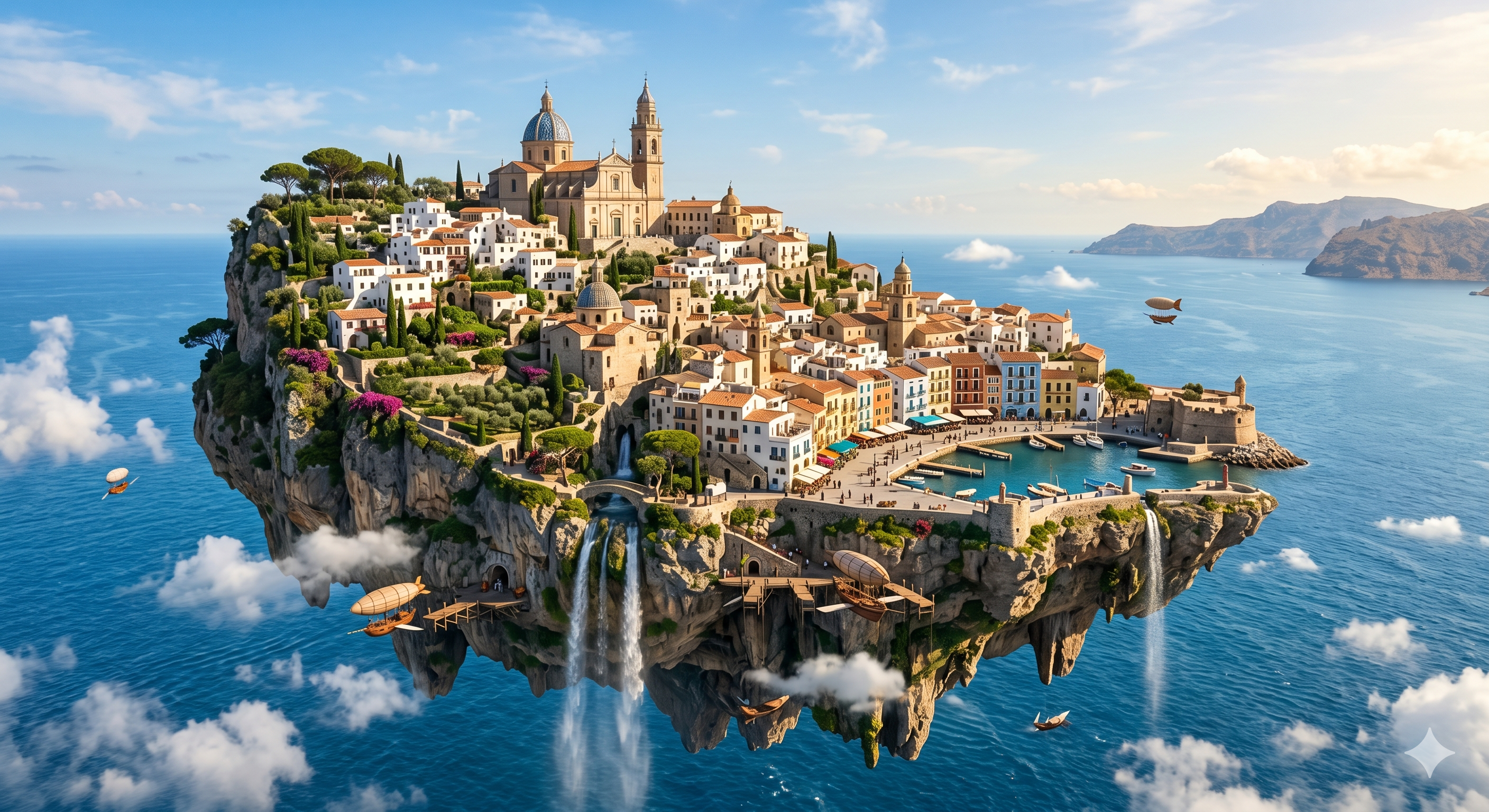 A mediterranean city on an island floating in the air above the sea, with waterfalls cascading below.