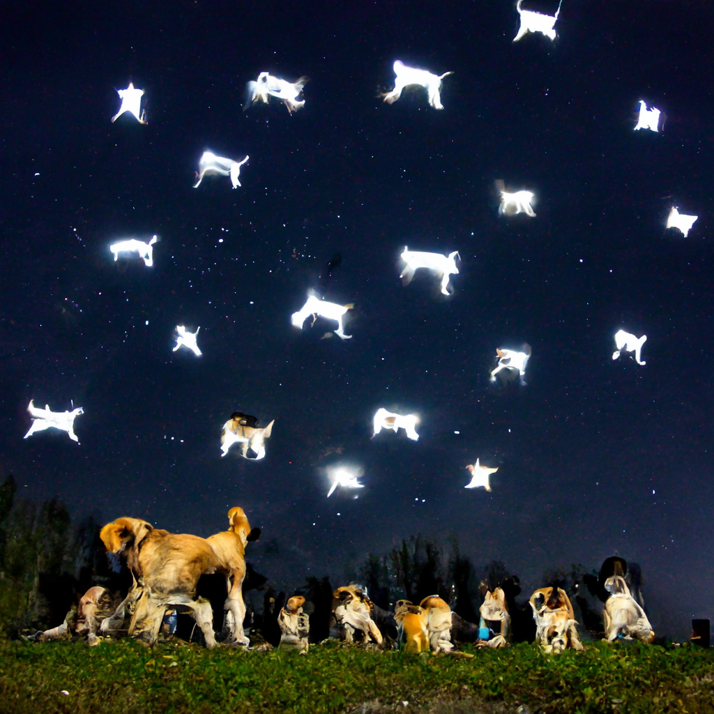 A pack of dog sit on the ground and look at the starry night sky