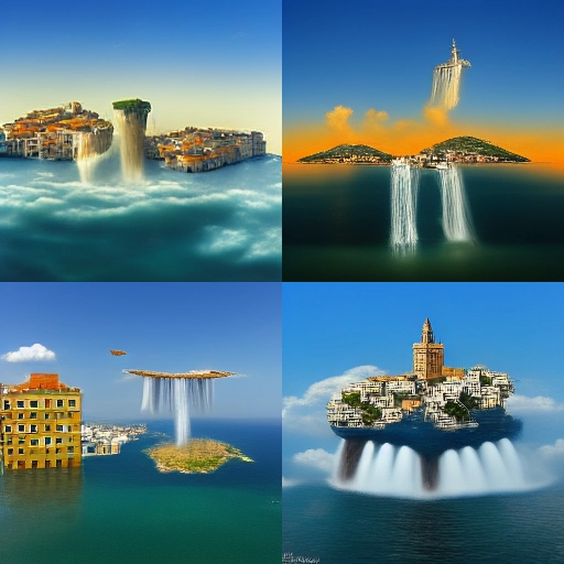 A mediterranean city on a island floating in the air. Waterfall is falling up into the sky in the background.