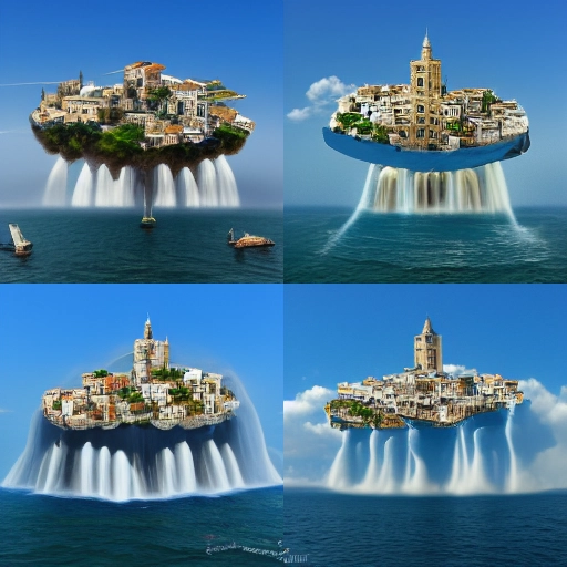 A mediterranean city on a island floating in the air. Waterfall is falling up into the sky in the background.