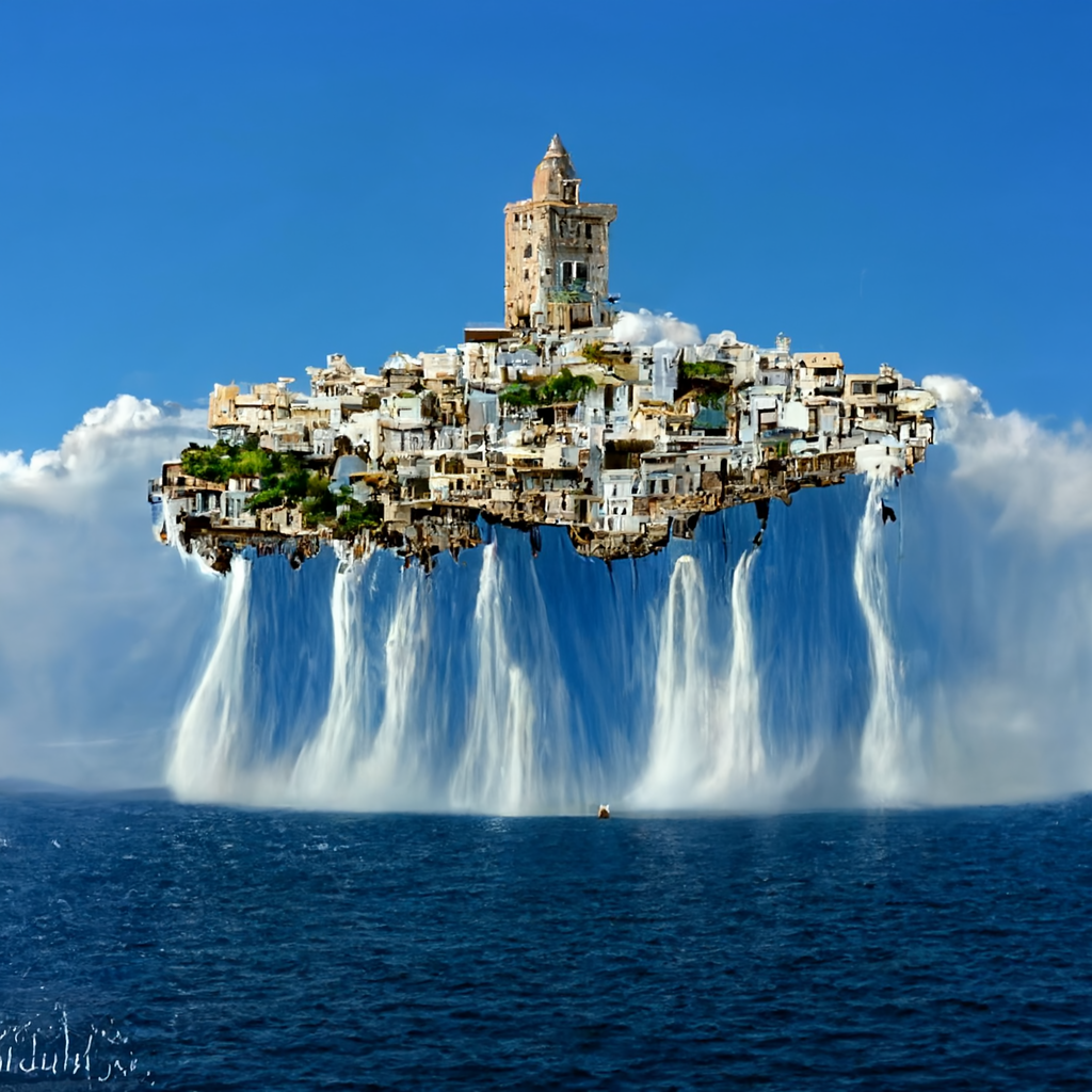 A mediterranean city on a island floating in the air. Waterfall is falling up into the sky in the background.