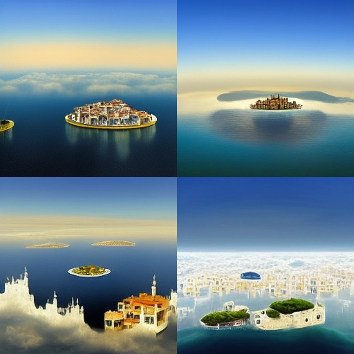 A mediterranean city on a floating island in the air above the sea.