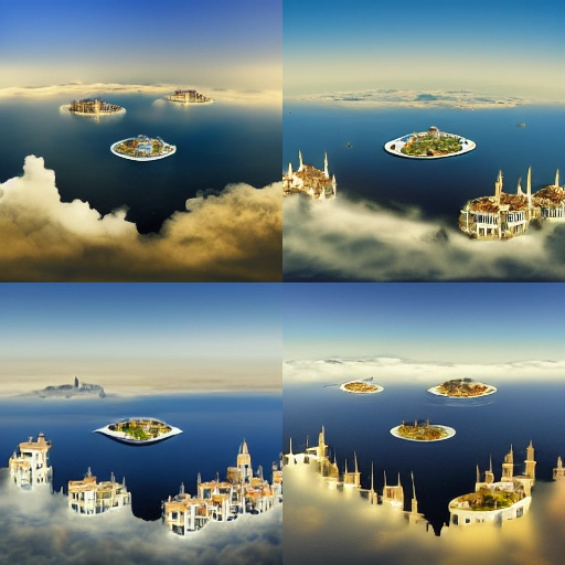 A mediterranean city on a floating island in the air above the sea.