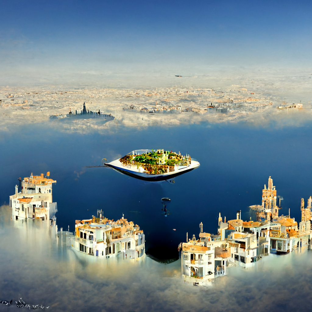 A mediterranean city on a floating island in the air above the sea.