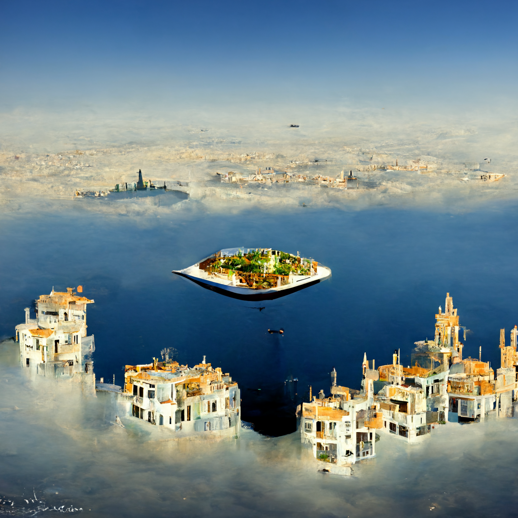 A mediterranean city on a floating island in the air above the sea.