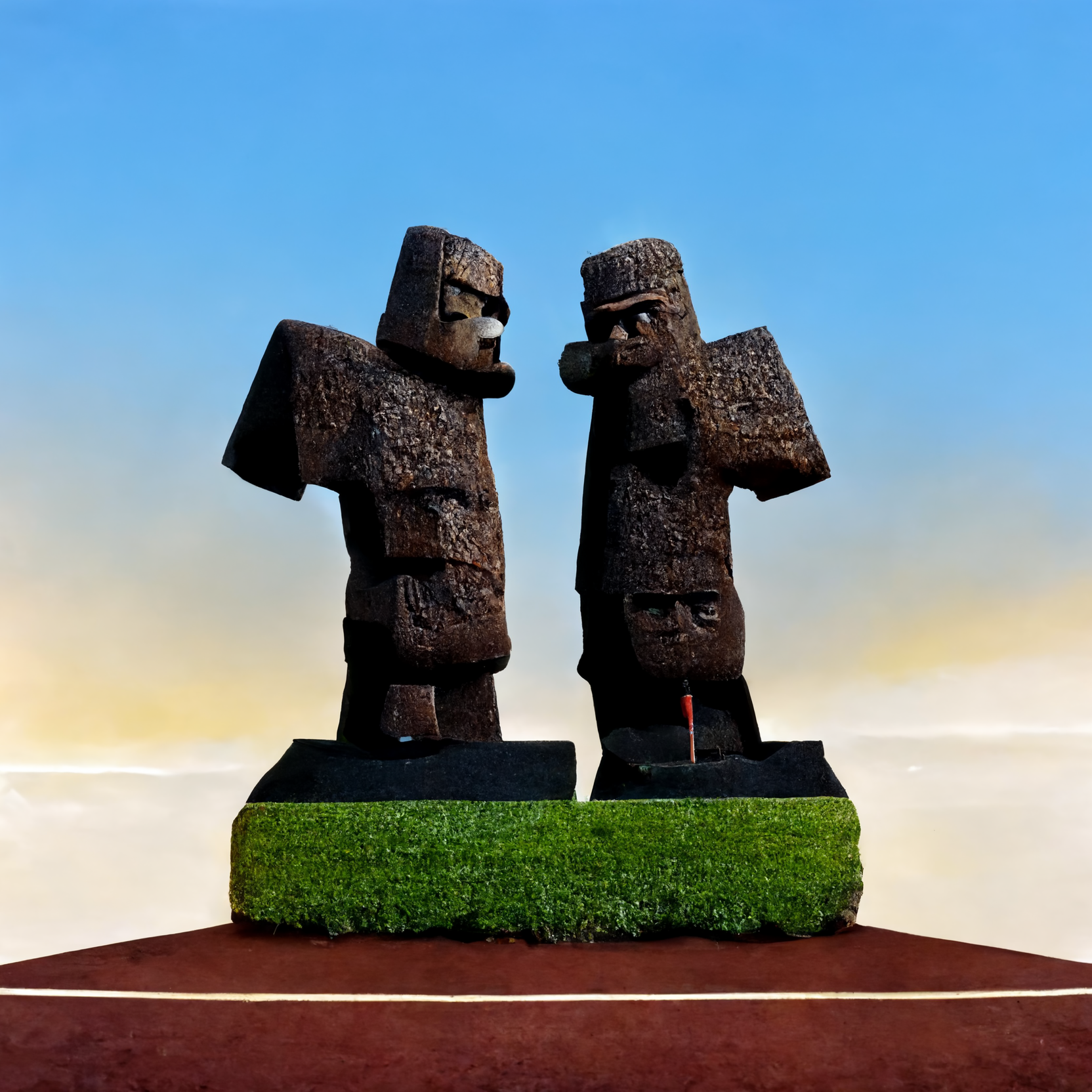 two easter island statues play tennis, minecraft artstyle