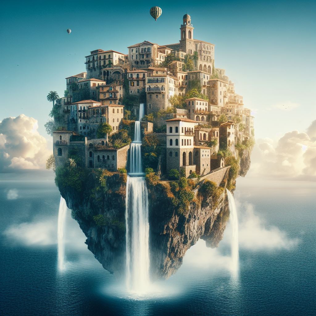 A mediterranean city on a island floating in the air. Waterfall is falling up into the sky in the background.