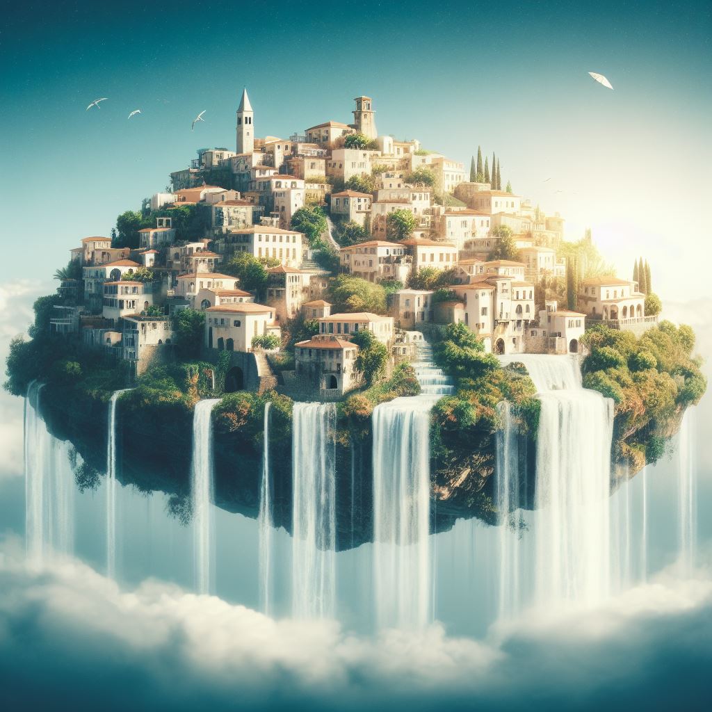 A mediterranean city on a island floating in the air. Waterfall is falling up into the sky in the background.