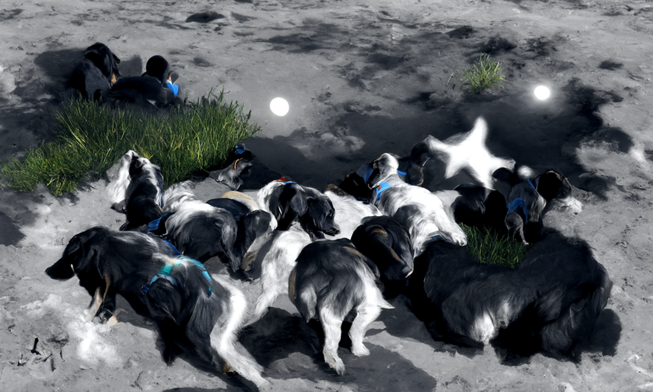 A pack of dog sit on the ground and look at the starry night sky, rendered in high resolution, trending on artstation